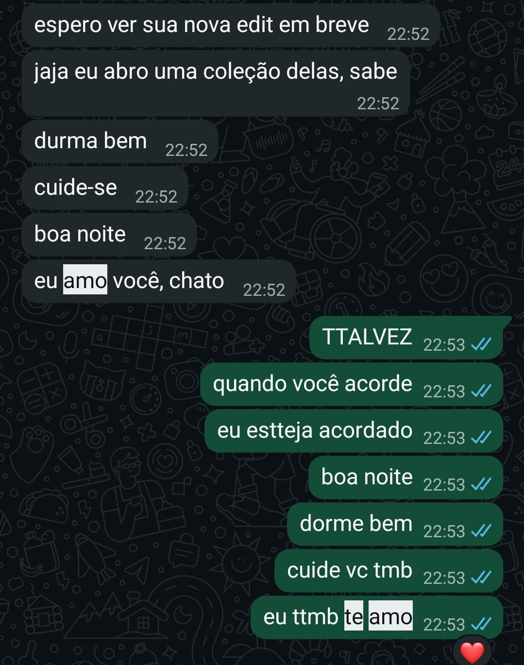 Nossa conversa: durma bem, cuide-se, boa noite, eu amo você, chato; eu também te amo.