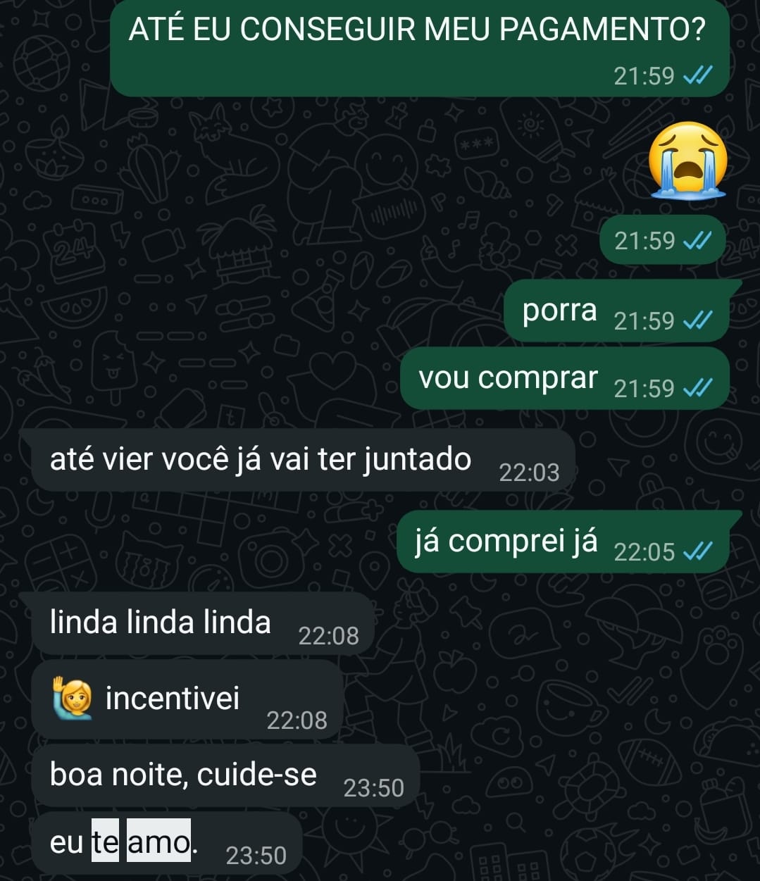 Nossa conversa entre brincadeiras e carinho, terminando com boa noite, cuide-se e eu te amo.